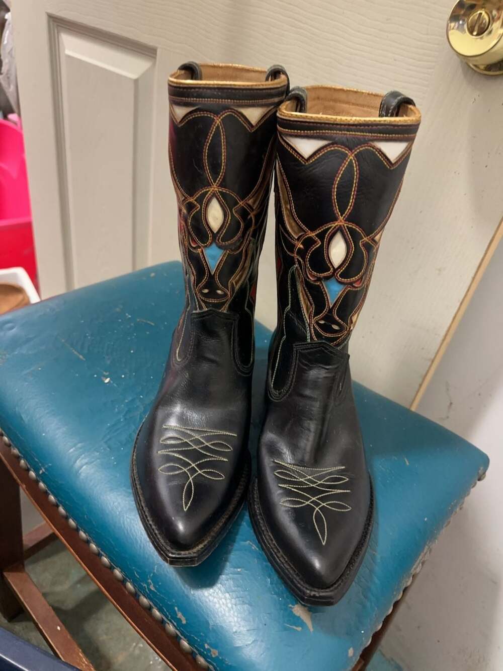 Vintage Acme Cowboy Boots Black Leather Multi-Color Stitching Size 5.5